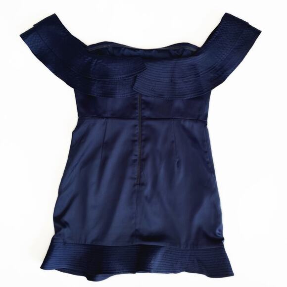 Bardot Athena Frill Off the Shoulder Navy Blue Satin Ruffle Mini Dress 10 Large - Picture 8 of 16